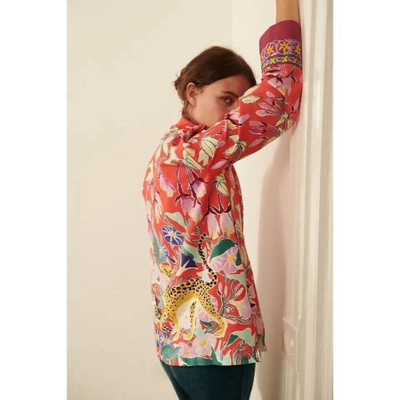 ANTHROPOLOGIE Lil Sire Cheetah Dreams Flannel Sleep Top Lounge Art Animal Medium - Picture 4 of 13